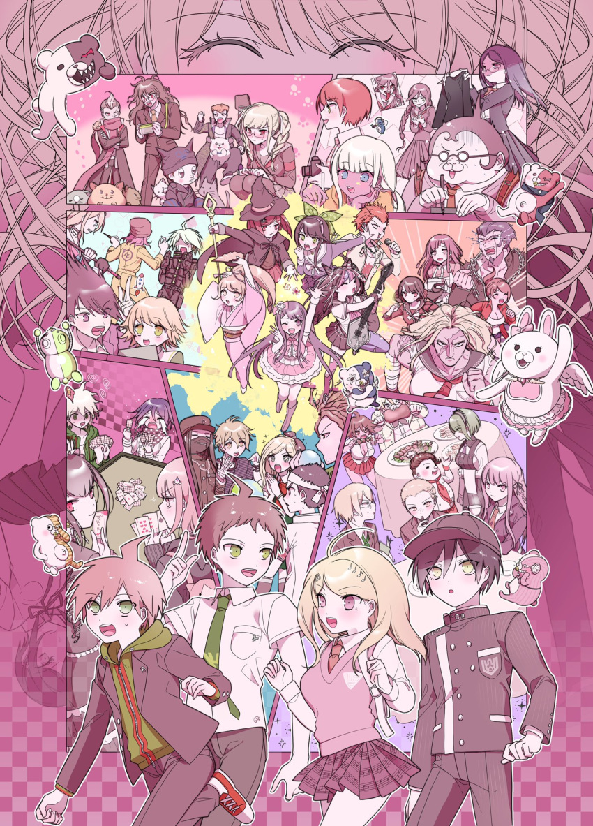 6+boys 6+girls ahoge akamatsu_kaede amami_rantarou antenna_hair asahina_aoi bangs black_hair black_headwear black_jacket black_pants blonde_hair bow breast_pocket brown_hair buttons card celestia_ludenberg chabashira_tenko collared_shirt crying danganronpa:_trigger_happy_havoc danganronpa_(series) danganronpa_2:_goodbye_despair danganronpa_v3:_killing_harmony double-breasted dress ear_bow enoshima_junko everyone eyebrows_visible_through_hair fujisaki_chihiro fukawa_touko galaga glasses gokuhara_gonta green_necktie guitar hagakure_yasuhiro hair_ornament hanamura_teruteru harukawa_maki hat highres hinata_hajime holding holding_card holding_instrument holding_staff hoshi_ryouma ikusaba_mukuro instrument iruma_miu ishimaru_kiyotaka jacket keebo kirigiri_kyouko koizumi_mahiru komaeda_nagito kuwata_leon kuzuryuu_fuyuhiko layered_skirt long_hair maizono_sayaka mask medium_hair miniskirt mioda_ibuki momota_kaito monodam monofunny monokid monokuma monosuke monotarou_(danganronpa) mouth_mask multiple_boys multiple_girls musical_note_hair_ornament naegi_makoto nanami_chiaki necktie nidai_nekomaru official_alternate_costume oogami_sakura oowada_mondo open_clothes open_jacket open_mouth ouma_kokichi owari_akane pants pekoyama_peko pink_background pink_bow pink_dress playing_card pleated_skirt pocket running saihara_shuuichi saionji_hiyoko scar scar_on_face sharp_teeth shinguuji_korekiyo shirogane_tsumugi shirt shoes short_hair skirt smile sonia_nevermind souda_kazuichi staff tanaka_gandamu teeth togami_byakuya togami_byakuya_(danganronpa_2) toujou_kirumi tsumiki_mikan usami_(danganronpa) white_shirt wings witch_hat yamada_hifumi yonaga_angie yumeno_himiko zang_li