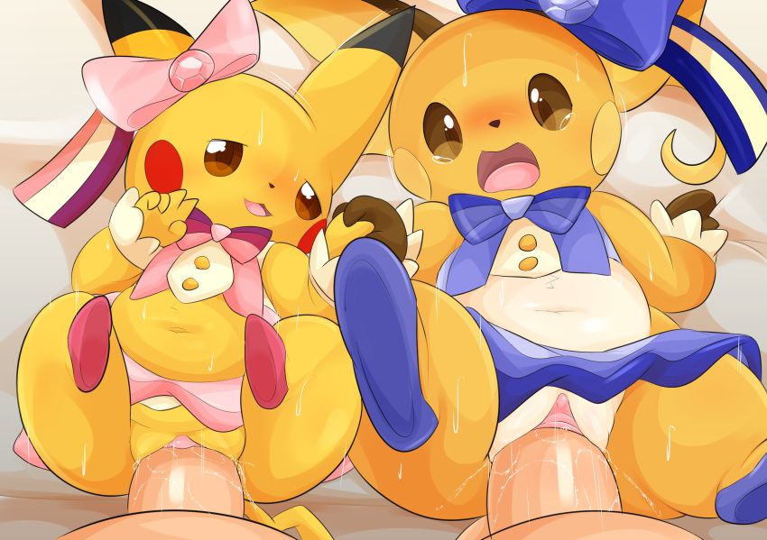 accessory balls belly blush bodily_fluids bottomwear clothed clothing cosplay cosplay_pikachu_(costume) female feral genital_fluids genitals gesture group hair_accessory hair_bow hair_ribbon hand_holding hi_res looking_at_viewer male male/female nintendo partially_clothed penetration penis pikachu pikachu_pop_star pok&eacute;mon pok&eacute;mon_(species) pussy pussy_juice questionable_consent raichu ribbons skirt sweat tears thick_thighs type v_sign vaginal vaginal_penetration video_games