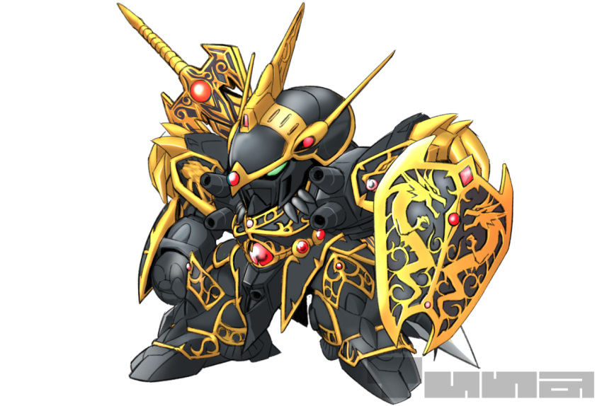 black_ryuujinmaru clenched_hand green_eyes grey_background looking_ahead mashin_eiyuuden_wataru mecha no_humans shield solo standing sword tunacan27 weapon weapon_on_back