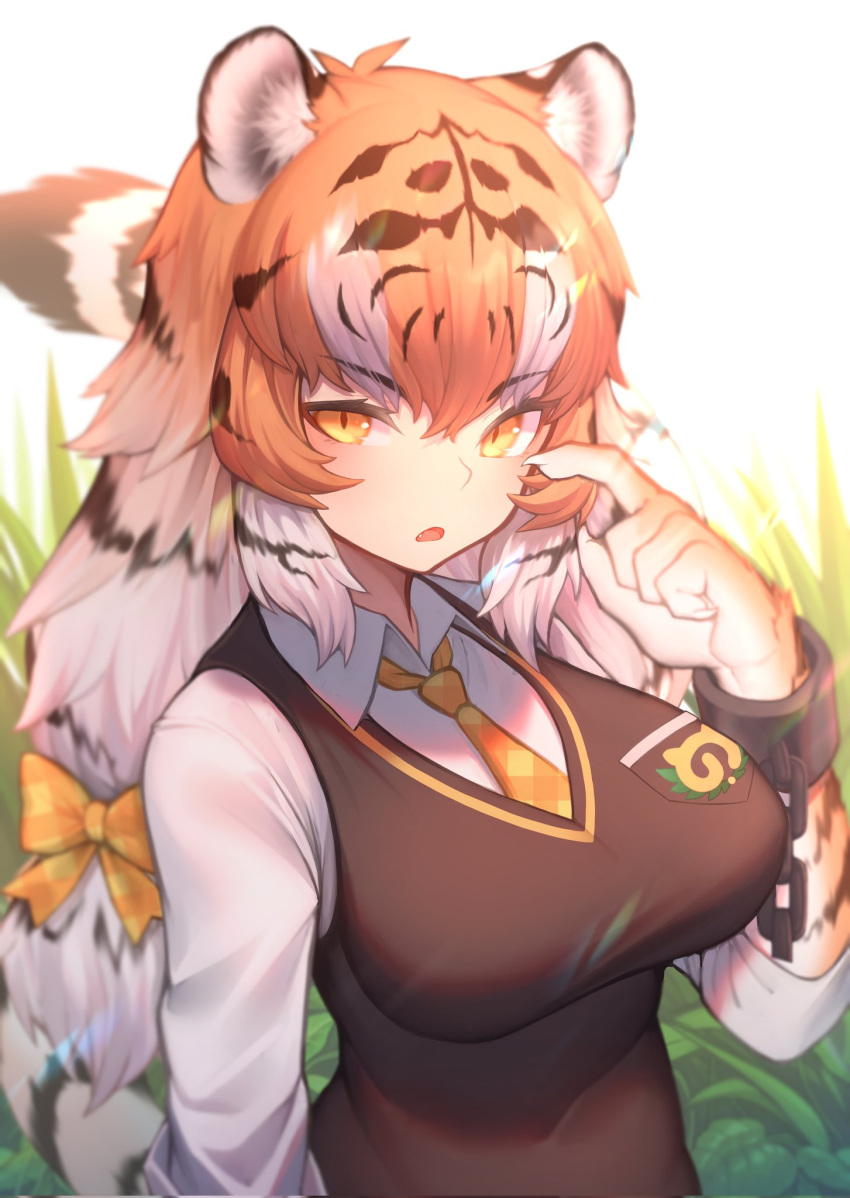 1girl akuma_(st.takuma) animal_ear_fluff animal_ears bangs black_hair bow brown_vest chain claws commentary cuffs day eyebrows_visible_through_hair fang fur gradient_hair hair_between_eyes hair_bow highres japari_symbol kemono_friends large_tail long_hair long_sleeves looking_at_viewer multicolored_hair necktie open_mouth orange_bow orange_eyes orange_hair orange_necktie outdoors plaid_necktie scratching_cheek shackles shirt siberian_tiger_(kemono_friends) solo tail tiger_ears tiger_girl tiger_tail vest white_hair white_shirt wing_collar