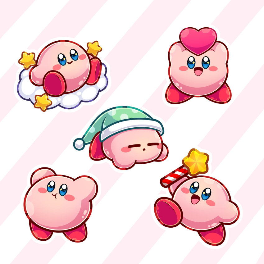 5boys blue_eyes blush_stickers cloud commentary english_commentary full_body hat highres holding hylianruto jumping kirby kirby:_right_back_at_ya kirby_(series) lying multiple_boys nintendo no_humans on_stomach open_mouth running simple_background sitting sleeping smile standing star_(symbol)