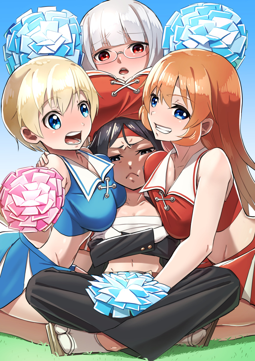 4girls absurdres black_hair black_pants blonde_hair blue_eyes blue_skirt blush brave_witches breast_rest breasts breasts_on_head charlotte_e._yeager cheerleader cleavage closed_mouth eyebrows_visible_through_hair glasses grass grin hasegawa_(hase_popopo) heidimarie_w._schnaufer highres kanno_naoe large_breasts looking_at_viewer midriff multiple_girls navel nikka_edvardine_katajainen open_mouth orange_hair outdoors pants pom_pom_(cheerleading) red_eyes red_skirt sarashi shiny shiny_hair silver_hair skirt sky sleeveless small_breasts smile strike_witches world_witches_series
