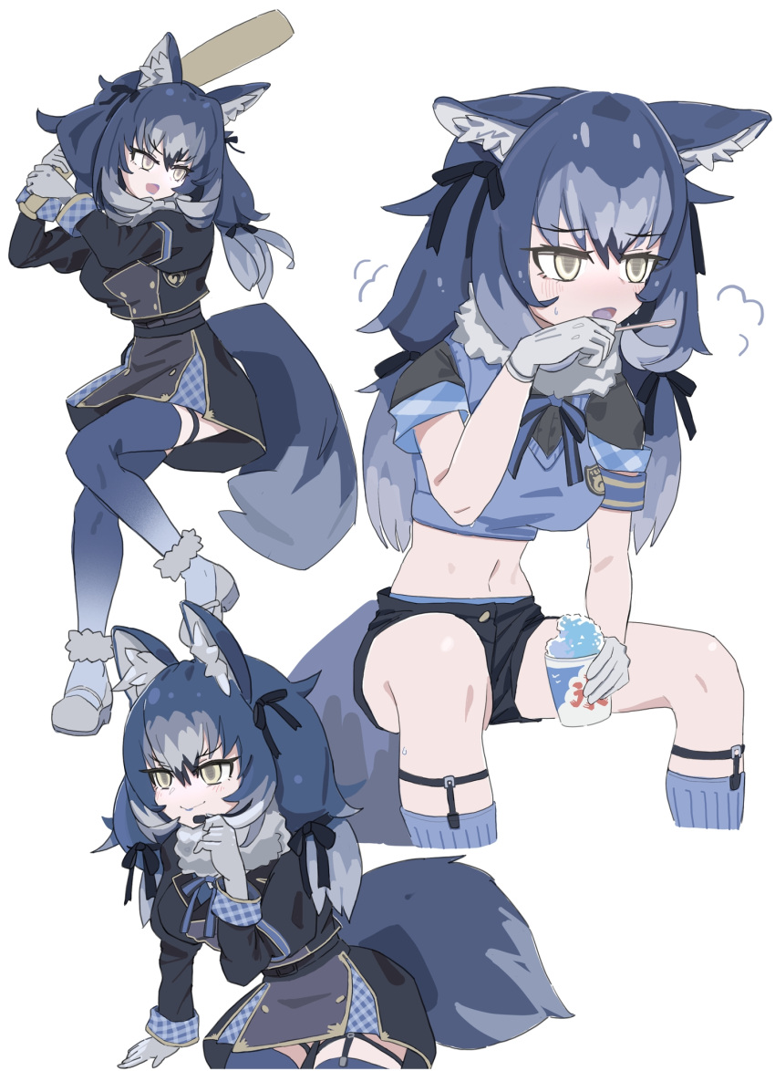 1girl adapted_costume animal_ears bat big_hair black_dress black_shorts blue_bow blue_bowtie blue_hair blue_legwear blue_shirt blush bow bowtie crop_top dire_wolf_(kemono_friends) dress eyebrows_visible_through_hair fur_collar fur_trim garter_straps gloves grey_hair hair_bow highres japari_symbol kemono_friends kemono_friends_v_project kunikuni_(kunihiro2005) long_hair long_sleeves microphone midriff multicolored_hair multiple_views navel plaid_trim shaved_ice shirt short_shorts short_sleeves shorts sitting sock_garters socks spoon sweatdrop tail thighhighs virtual_youtuber white_gloves wolf_ears wolf_girl wolf_tail yellow_eyes zettai_ryouiki