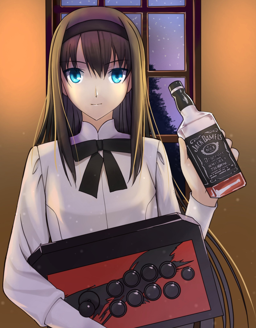 1girl 5ebd5tnnnmrmxsd alcohol arcade_stick bangs black_bow blue_eyes bottle bow brown_background brown_hair commentary_request controller drink eyebrows_visible_through_hair game_controller hair_between_eyes hairband hand_up highres holding holding_bottle holding_controller holding_drink indoors jack_daniel's joystick light_smile long_hair looking_at_viewer muntins shiny shiny_skin shirt smile snow solo standing tareme tohno_akiha tree tsukihime upper_body very_long_hair whiskey white_shirt window