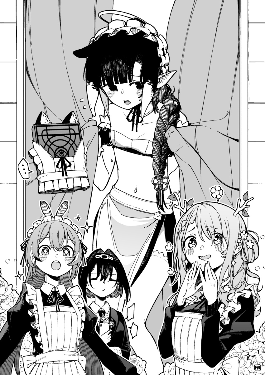 ... 4girls alternate_costume angry_num animal_ears ao-chan_(ninomae_ina'nis) apron bangs blunt_bangs blush book braid braided_ponytail branch butler cat_ears cellphone ceres_fauna commentary curtains dressing_room embarrassed enmaided fake_animal_ears flat_chest floating floating_book floating_object flower_knot flying_sweatdrops formal greyscale halo high_ponytail highres holding holding_phone hololive hololive_english horns juliet_sleeves long_hair long_skirt long_sleeves looking_to_the_side lowleg lowleg_skirt maid maid_apron maid_headdress micro_bra mole mole_under_eye monochrome multiple_girls nanashi_mumei ninomae_ina'nis one_side_up ouro_kronii phone pointy_ears puffy_sleeves short_hair side_slit sidelocks skirt smartphone sparkle speech_bubble spoken_ellipsis suit symbol-only_commentary taking_picture tako_(ninomae_ina'nis) tentacle_hair very_long_hair virtual_youtuber