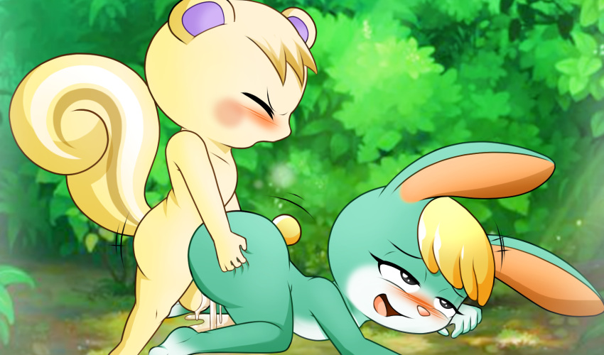 anal animal_crossing anthro blonde_hair bodily_fluids cum cum_inside duo fire_conejo fur genital_fluids green_body green_fur hair hi_res lagomorph leporid long_tail male male/male mammal marshal_(animal_crossing) nintendo outside rabbit rodent sasha_(animal_crossing) sciurid short_height short_tail video_games yellow_body yellow_fur