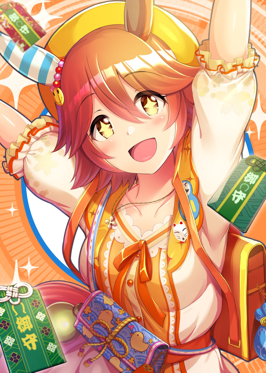 absurdres animal_ears arms_up bag bangs blush breasts brown_hair collarbone commentary_request dress eyebrows_visible_through_hair frills hair_between_eyes hat highres horse_ears horse_girl jewelry looking_back matikanefukukitaru_(umamusume) medium_breasts ment necklace omamori open_mouth orange_background orange_ribbon puffy_short_sleeves puffy_sleeves ribbon short_hair short_sleeves smile solo sparkle_background sparkling_eyes umamusume upper_body yellow_eyes yellow_headwear