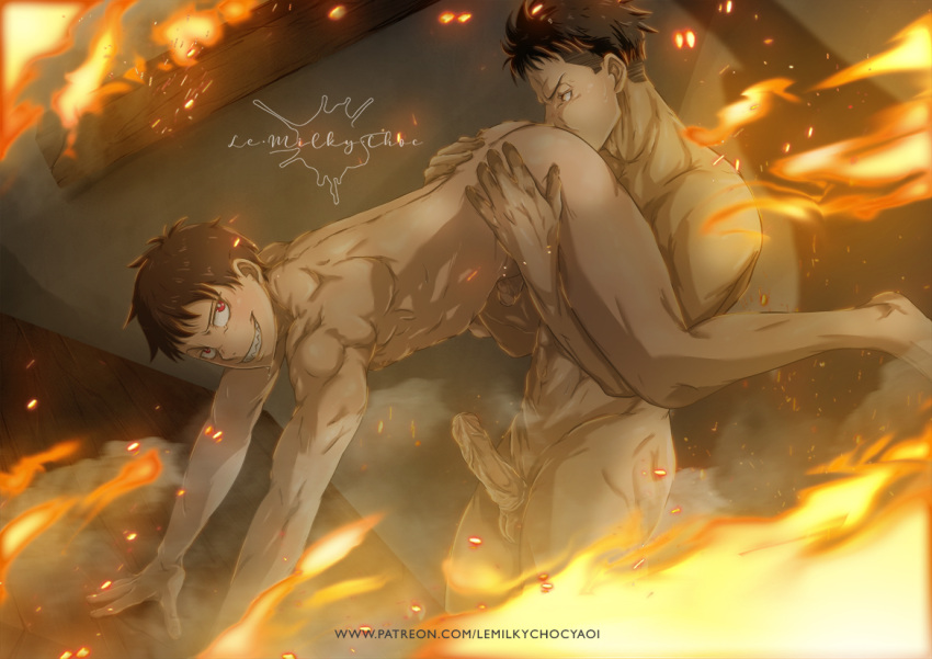 2boys abs akitaru_oubi anilingus artist_name ass bara black_hair completely_nude en'en_no_shouboutai erection fire lemilkychocyaoi looking_at_another male_focus multiple_boys muscular muscular_male nude patreon_username penis red_eyes reward_available sharp_teeth shinra_kusakabe short_hair smile teeth thighs uncensored undercut yaoi