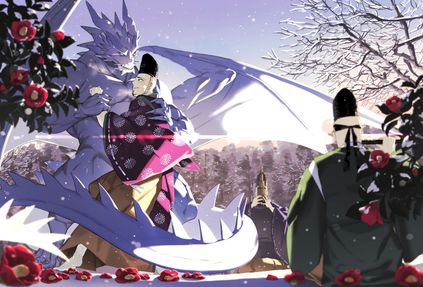 3boys arm_grab bald bara blush couple dragon_boy dragon_horns dragon_tail facial_hair flower forest full_body furry furry_with_non-furry goatee haori hat highres horns interspecies japanese_clothes kimidori_(dera_kimidori) large_pectorals large_tail male_focus multiple_boys muscular muscular_male nature nude original pectorals priest red_flower sideburns snow snowing spread_wings sunlight tail tate_eboshi topless_male tree yaoi
