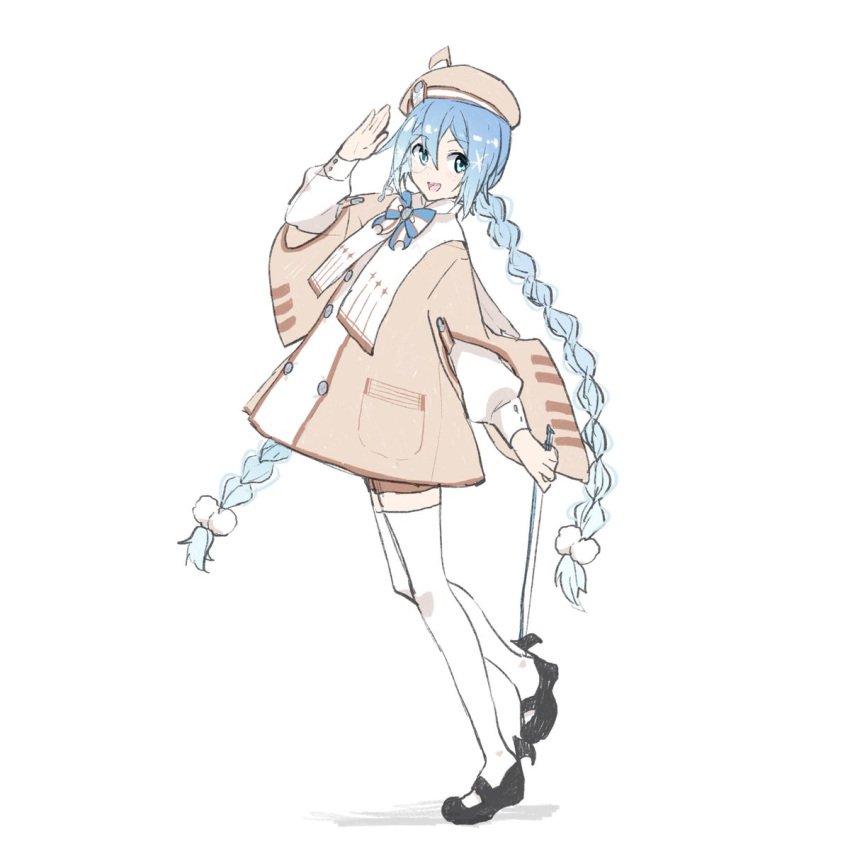 1girl :d agonasubi bangs beret blue_bow blue_bowtie blue_eyes blue_hair bow bowtie braid brown_dress brown_headwear brown_shorts dress from_side full_body hair_ornament hand_up hat hatsune_miku holding long_hair long_sleeves looking_at_viewer mary_janes picket pom_pom_(clothes) pom_pom_hair_ornament puffy_long_sleeves puffy_sleeves salute shoes shorts sketch smile solo standing striped striped_bow striped_bowtie thighhighs twin_braids twintails very_long_hair vocaloid white_background white_legwear yuki_miku
