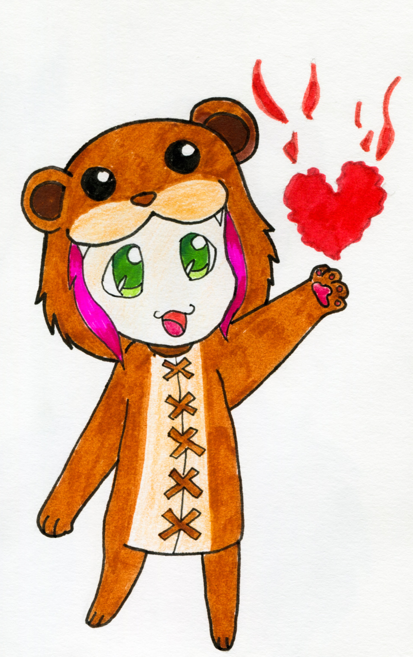 &lt;3 absurd_res annie_(disambiguation) clothing costume female full-length_portrait green_eyes hair hi_res human humor league_of_legends mammal open_mouth pink_hair portrait reverse riot_games simple_background tibbers traditional_media_(artwork) video_games