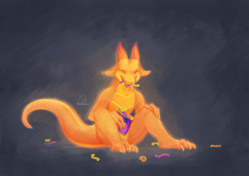 absurd_res ambiguous_gender anthro bag bioluminescence blaze_(blaze125) candy claws dessert dragon ears_back ears_down eyes_closed food glowing grey_background gummy_(food) gummy_worm happy hi_res horn male nonbinary_(lore) orange_body orange_claws orange_scales orange_tail paldreamer pivoted_ears red_horn scales scalie shaded signature simple_background sitting sitting_on_ground snack snacks solo solo_focus thick_tail