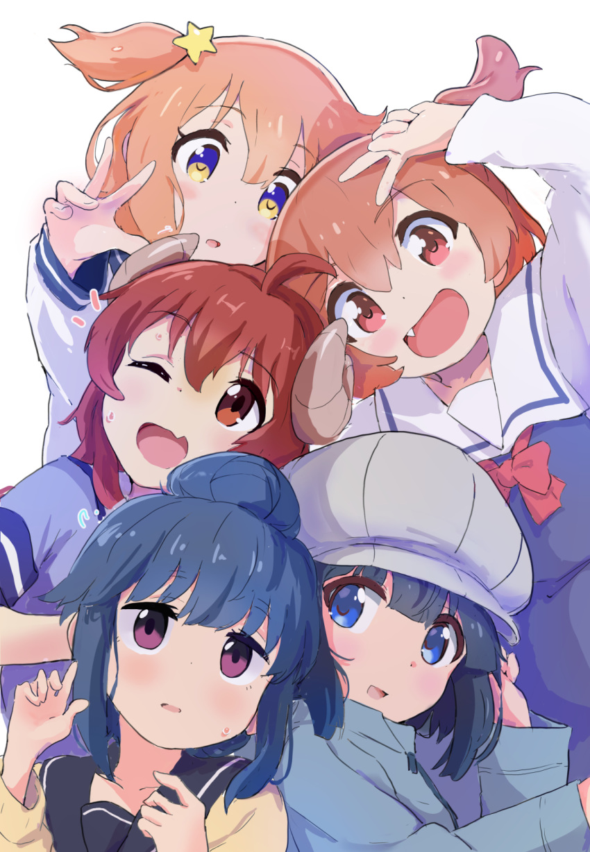 5girls :d ;d ahoge bangs blue_eyes blue_hair blush brown_eyes brown_hair company_connection crossover demon_girl demon_horns eyebrows_visible_through_hair fang hair_between_eyes hair_bun hair_ornament hat highres horns hoshino_hinata koisuru_asteroid konohata_mira long_hair long_sleeves looking_at_viewer machikado_mazoku manga_time_kirara minagi_hiyori multiple_girls murairamuraiari one_eye_closed one_side_up open_mouth orange_hair pink_eyes purple_eyes sailor_collar school_uniform shima_rin shirt short_hair simple_background skin_fang slow_loop smile star_(symbol) star_hair_ornament watashi_ni_tenshi_ga_maiorita! white_background white_shirt yellow_eyes yoshida_yuuko_(machikado_mazoku) yurucamp