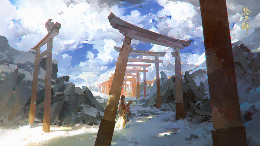 1girl a-shacho black_hair blue_sky boulder cloud copyright_name day facing_away highres holding holding_staff japanese_clothes long_hair long_sleeves low-tied_long_hair mountainous_horizon multiple_torii onmyoji outdoors scenery sky snow solo staff stairs standing suzuhiko_hime_(onmyoji) torii wide_sleeves