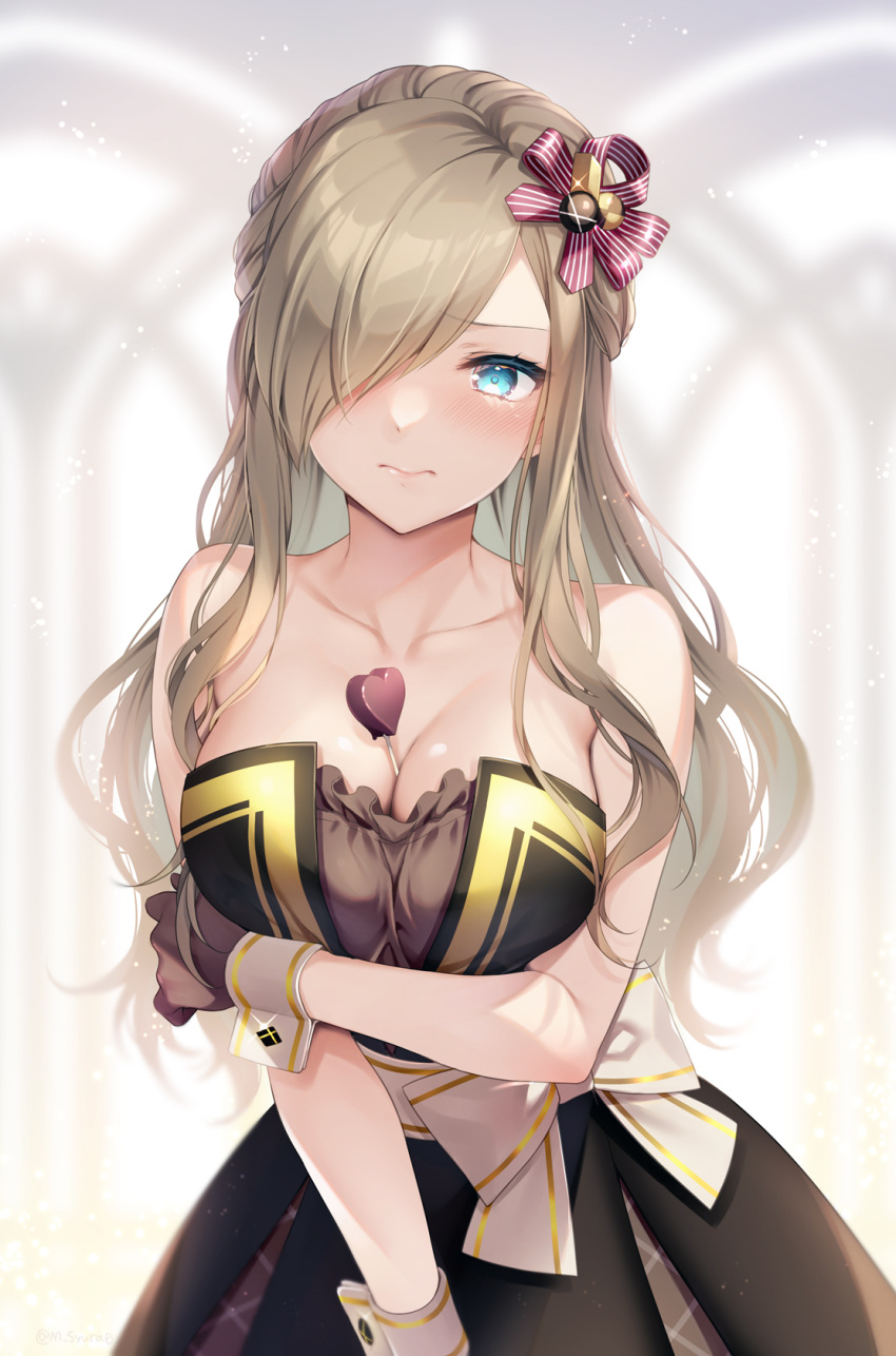 1girl bare_shoulders blue_eyes blurry blurry_background blush breasts brown_dress brown_gloves brown_hair candy chocolate cleavage collarbone dress embarrassed food gloves hair_ornament hair_ribbon heart heart-shaped_chocolate highres large_breasts long_hair looking_at_viewer ribbon shuragyoku_mami sleeveless sleeveless_dress solo tales_of_(series) tales_of_asteria tales_of_the_abyss tear_grants valentine