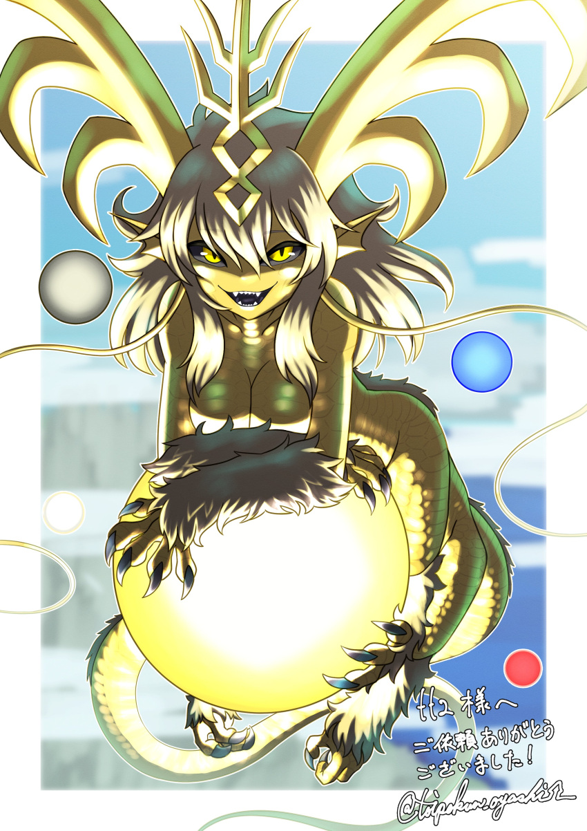 1girl absurdres animal_feet animal_hands antlers black_sclera blonde_hair centauroid claws colored_sclera commission crossed_arms dragon dragon_girl dragon_horns dragon_tail eastern_dragon fangs fangs_out fur head head_fins highres holding holding_orb horns looking_at_viewer monster_girl multiple_legs orb original scales sharp_teeth signature skeb_commission slit_pupils smile solo tail taur teeth toipokun_oyashi whiskers yellow_eyes