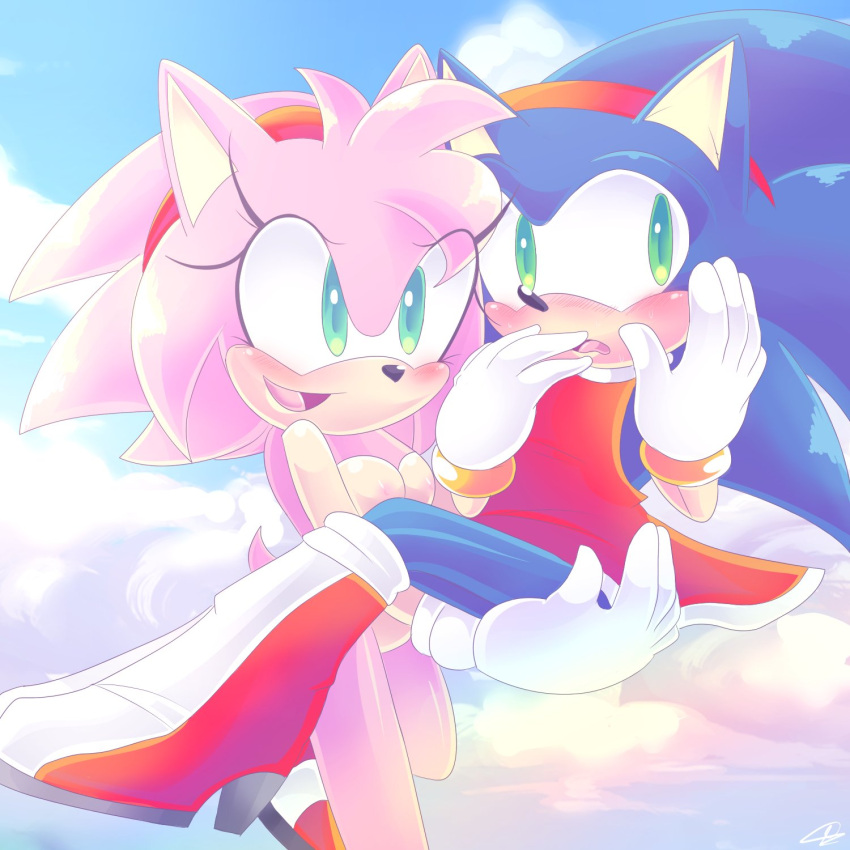 amy_rose blue_body blue_fur blue_hair blush breasts bridal_carry carrying clothed clothing cloud covering covering_mouth crossdressing duo embarrassed female fur gloves green_eyes hair hand_on_leg handwear hi_res male male/female nude on pink_body pink_fur pink_hair pinkuunegai running sega sonic_the_hedgehog sonic_the_hedgehog_(series)