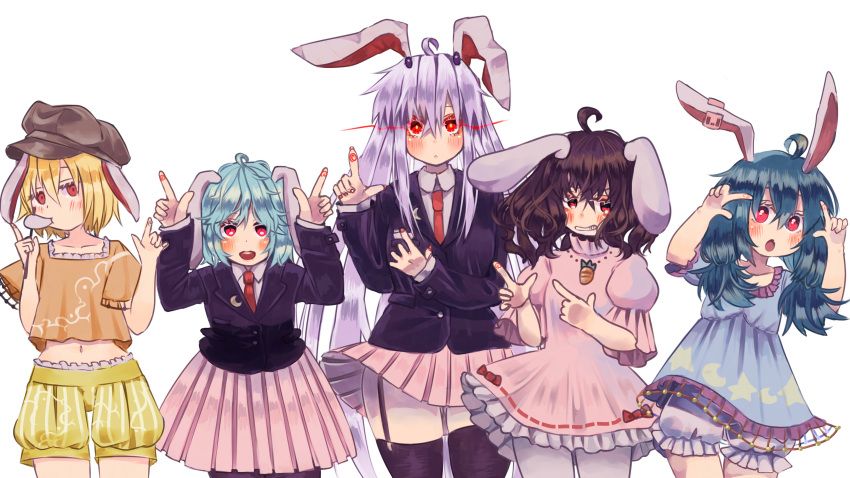 5girls absurdres ahoge animal_ears bangs blazer bloomers blue_dress blue_hair brown_hair brown_headwear cabbie_hat carrot carrot_necklace collared_shirt commentary_request cowboy_shot crescent crescent_print culotte_(hosenrock) dango dress earclip eating finger_gun flat_cap floppy_ears food frilled_dress frilled_sleeves frills garter_straps glowing glowing_eyes hat highres inaba_tewi jacket light_purple_hair long_hair long_sleeves midriff multiple_girls navel necktie orange_shirt pink_dress pleated_skirt pointing puffy_short_sleeves puffy_sleeves purple_hair rabbit_ears rabbit_girl rabbit_tail red_eyes red_necktie reisen_(touhou_bougetsushou) reisen_udongein_inaba ribbon-trimmed_dress ringo_(touhou) seiran_(touhou) shirt short_hair short_sleeves shorts simple_background skirt star_(symbol) striped striped_shorts tail thighhighs touhou underwear very_long_hair wagashi wavy_hair white_background white_bloomers white_legwear white_shirt yellow_shorts