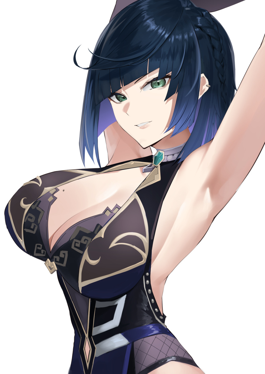 1girl armpits arms_up bangs blue_hair blunt_bangs braid breasts cleavage ear_piercing genshin_impact green_eyes highres large_breasts looking_at_viewer mitsukichi mole mole_on_breast parted_lips piercing short_hair simple_background smile solo upper_body white_background yelan_(genshin_impact)