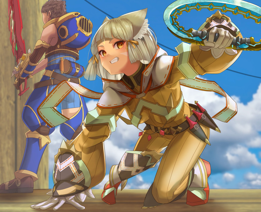 1boy 1girl aegis_sword_(xenoblade) animal_ears bangs blunt_bangs bodysuit cat_ears cat_girl chakram facial_mark flat_chest gloves highres holding holding_weapon nia_(xenoblade) rex_(xenoblade) short_hair silver_hair weapon white-paka white_gloves xenoblade_chronicles_(series) xenoblade_chronicles_2 yellow_bodysuit yellow_eyes