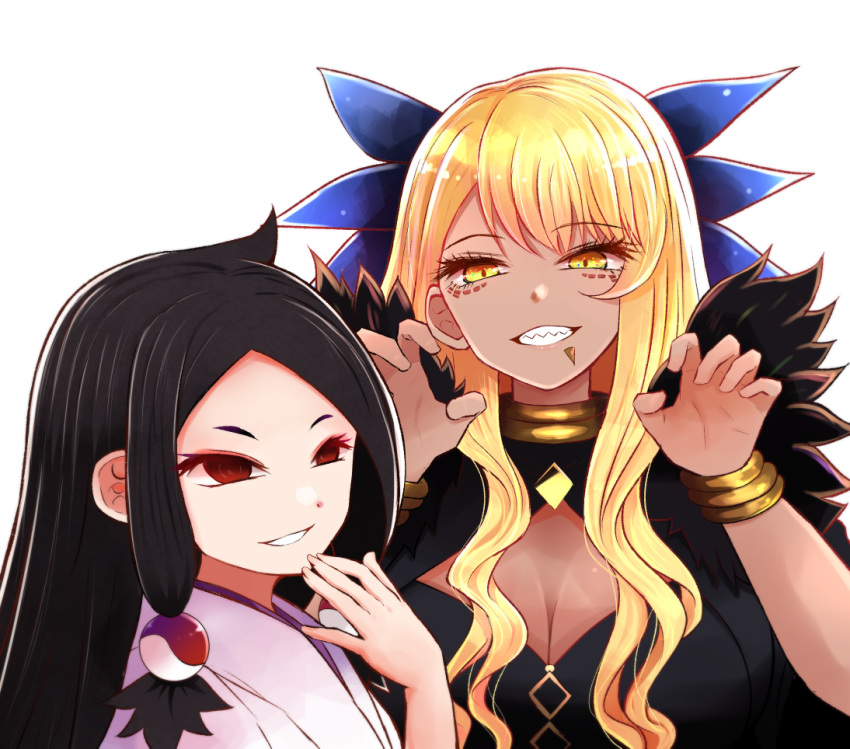 2girls arano_oki bangs black_dress black_hair blonde_hair breasts character_request cleavage cleavage_cutout clothing_cutout commentary_request dark-skinned_female dark_skin dress eyebrows_visible_through_hair fate/grand_order fate_(series) grin half-closed_eyes hand_to_own_mouth hand_up hands_up japanese_clothes kimono large_breasts looking_at_viewer multiple_girls sharp_teeth simple_background smile teeth upper_body vritra_(fate) white_background white_kimono yellow_eyes