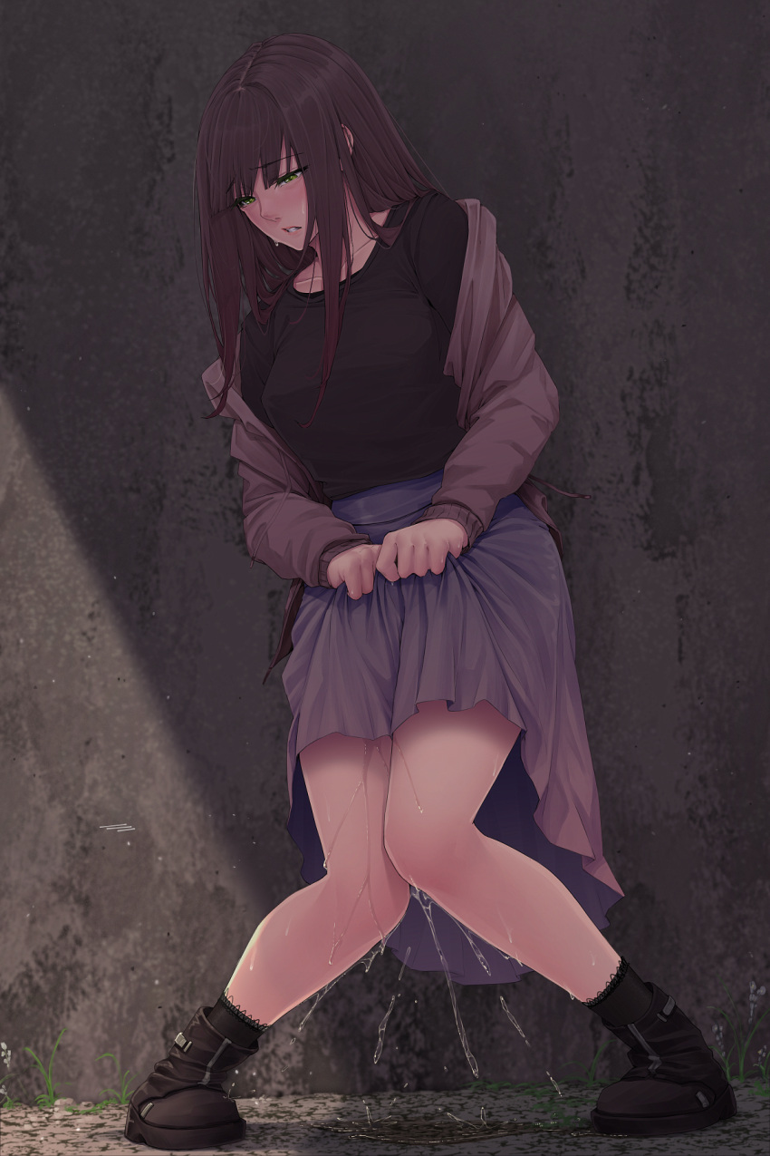 1girl bangs black_footwear black_legwear black_shirt blunt_bangs blush boots breasts brown_hair brown_jacket clenched_teeth clothes_lift collarbone commentary_request day eyebrows_visible_through_hair full_body grass green_eyes half-closed_eyes highres jacket knees_together_feet_apart kokomachi lifted_by_self long_hair medium_breasts off_shoulder open_clothes open_jacket original outdoors own_hands_together pee peeing peeing_self pigeon-toed puddle purple_skirt shiny shiny_hair shirt sidelocks skirt skirt_lift socks solo standing sweat teeth