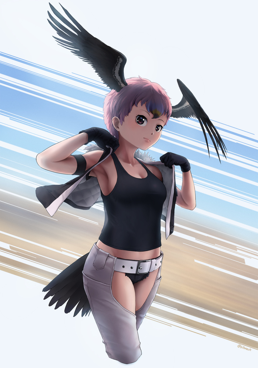 1girl arm_up armband armpits bangs bare_arms bare_shoulders beleven belt bird_girl bird_tail bird_wings black_camisole black_hair blonde_hair breasts camisole chaps cleavage closed_mouth cropped_legs cutoffs dressing expressionless fur_trim hand_up head_wings highres kemono_friends lappet-faced_vulture_(kemono_friends) lips looking_at_viewer medium_breasts micro_shorts midriff multicolored_hair open_clothes open_vest pink_hair reward_available short_hair shorts solo stomach tail vest walking wings