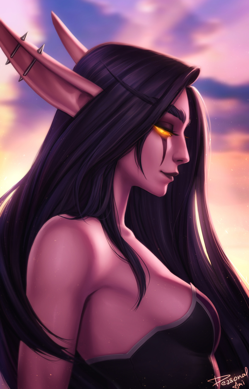 1girl absurdres artist_name avatar_(wow) black_dress black_hair black_lips blue_sky blurry blurry_background breasts cloud depth_of_field dress ear_piercing elf facial_mark from_side glowing glowing_eyes highres light_smile long_eyebrows long_hair medium_breasts night_elf_(warcraft) orange_eyes outdoors personal_ami piercing pointy_ears profile signature sky solo thick_eyebrows upper_body warcraft world_of_warcraft