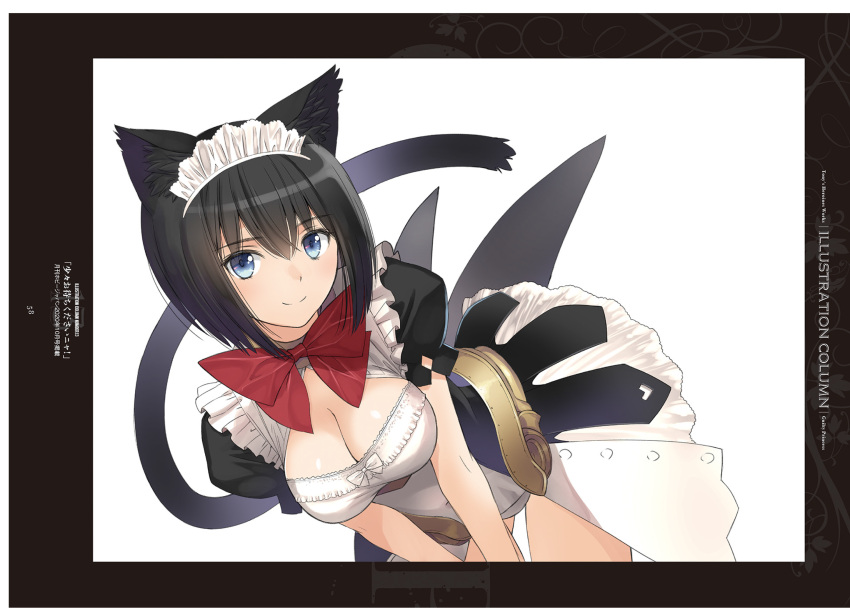 1girl absurdres animal_ears bangs black_hair blue_eyes bow breasts cat_ears cat_tail cleavage closed_mouth eyebrows_visible_through_hair guilty_princess hair_ornament highres looking_at_viewer maid maid_headdress medium_breasts non-web_source puffy_short_sleeves puffy_sleeves scan shiny shiny_skin short_hair short_sleeves simple_background smile solo tail tony_taka