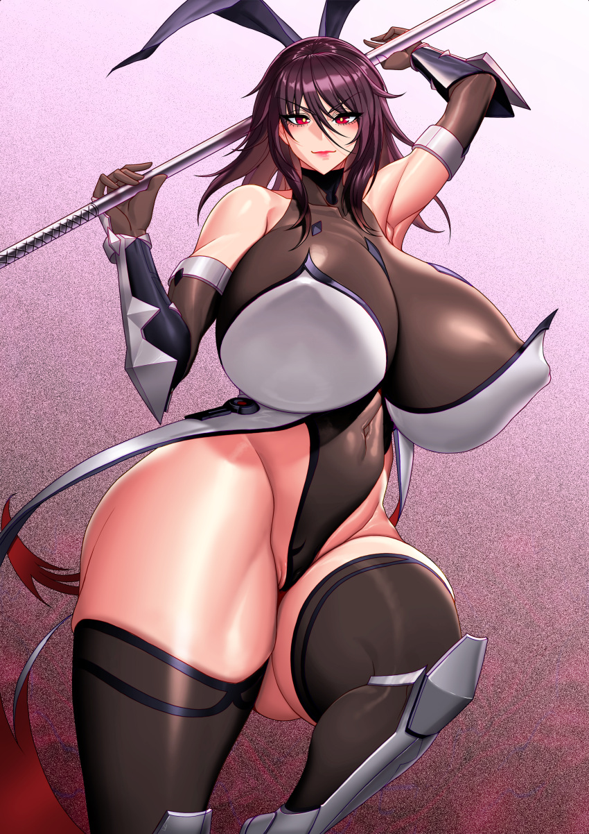 1girl absurdres arm_up armor armpits ass ass_visible_through_thighs bangs bare_shoulders black_gloves black_legwear black_leotard breasts brown_hair collarbone covered_collarbone covered_navel covered_nipples curvy elbow_gloves eyebrows_visible_through_hair gauntlets gloves gradient gradient_background greaves hair_between_eyes hair_ribbon highleg highleg_leotard highres holding holding_weapon huge_breasts korean_commentary leg_up leotard lips looking_at_viewer medium_hair mijangsen mizuki_shiranui over_shoulder polearm puffy_nipples red_eyes ribbon shiny shiny_skin sidelocks skindentation solo standing standing_on_one_leg taimanin_(series) taimanin_suit taimanin_yukikaze thick_thighs thighhighs thighs translation_request v-shaped_eyebrows weapon weapon_over_shoulder