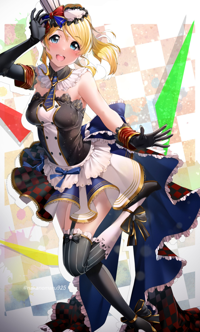 1girl absurdres asymmetrical_gloves asymmetrical_legwear ayase_eli bangs bare_shoulders blue_eyes breasts buttons checkered_background commentary detached_collar double-breasted dress feet_out_of_frame frills garter_straps gloves gold_trim hat high_heels highres long_hair looking_at_viewer love_live! medium_breasts mini_hat mini_top_hat nakano_maru necktie open_mouth ponytail showgirl_skirt smile standing standing_on_one_leg strapless strapless_dress striped striped_legwear swept_bangs tareme thighhighs top_hat zettai_ryouiki
