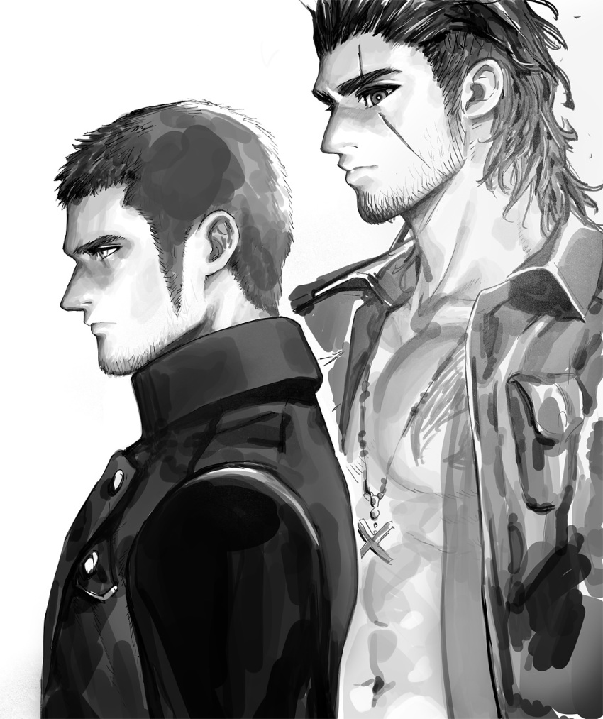 2boys bara beard collared_shirt cor_leonis expressionless facial_hair final_fantasy from_side gladiolus_amicitia greyscale hair_slicked_back highres in_higashiyama jewelry long_sideburns looking_at_another male_focus mature_male medium_hair monochrome multiple_boys necklace pectoral_cleavage pectorals scar scar_across_eye scar_on_face shirt short_hair sideburns stubble undercut upper_body