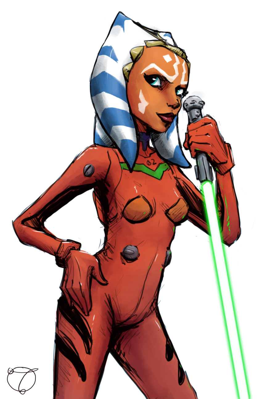 1girl ahsoka_tano blue_eyes cosplay energy_sword green_lightsaber highres jedi lightsaber neon_genesis_evangelion plugsuit simple_background solo souryuu_asuka_langley souryuu_asuka_langley_(cosplay) star_wars star_wars:_the_clone_wars sword togruta tourbillon weapon white_background