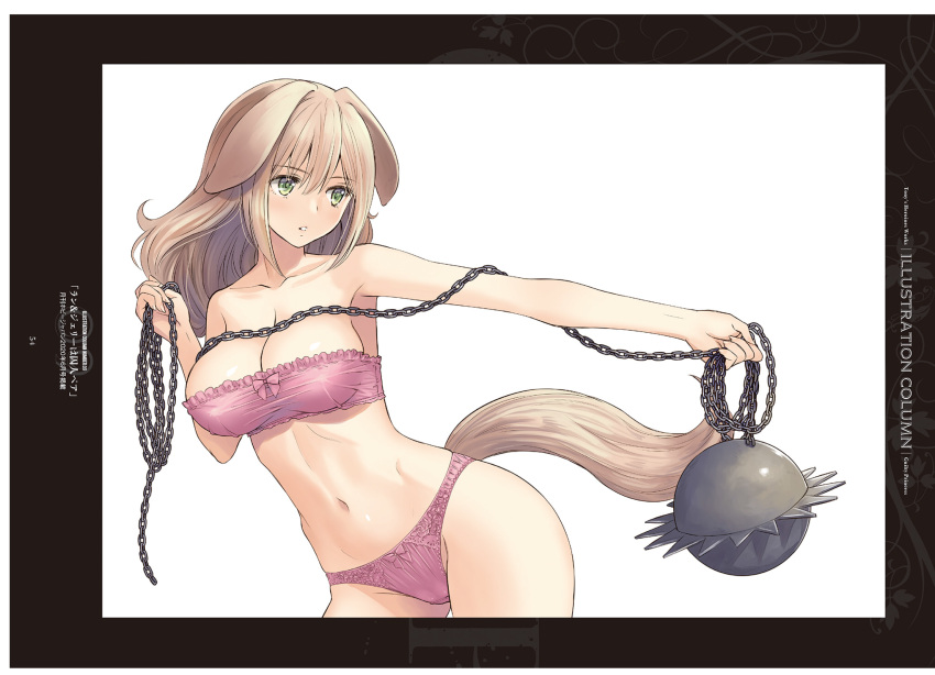 1girl absurdres animal_ears ball_and_chain_(weapon) bangs bare_shoulders bow bra breasts brown_hair chain cleavage collarbone dog_ears dog_tail eyebrows_visible_through_hair frills green_eyes guilty_princess highres holding holding_weapon iron_ball long_hair looking_away medium_breasts navel non-web_source page_number panties parted_lips pink_bra pink_panties scan simple_background solo stomach strapless tail thighs tony_taka underwear underwear_only weapon white_background