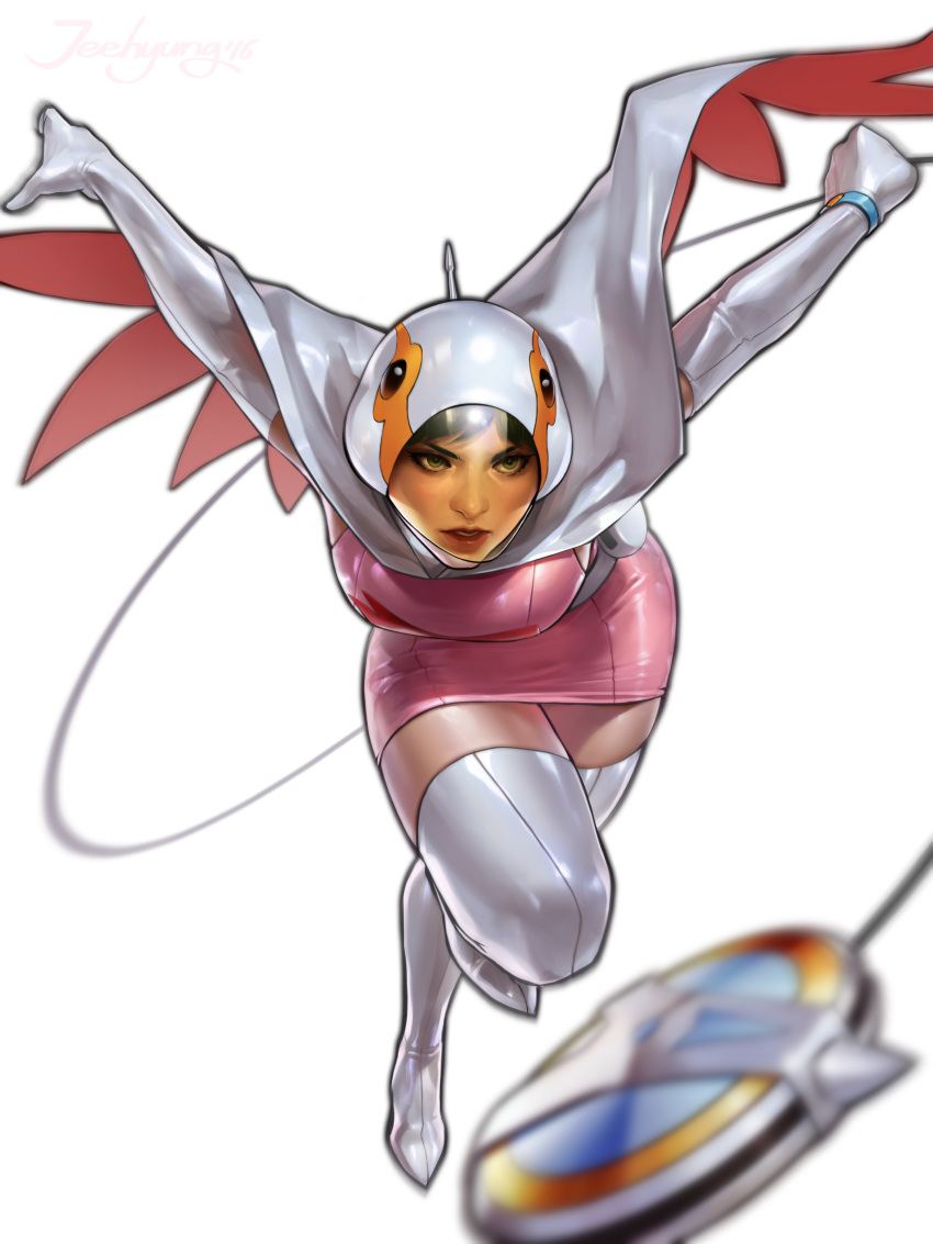 1girl absurdres airborne belt black_hair boots breasts cable cape dress gatchaman gloves grey_belt helmet high_heel_boots high_heels highres jee-hyung_lee jun_the_swan looking_ahead medium_breasts parted_lips pink_dress realistic solo thigh_boots thighhighs v-shaped_eyebrows white_background white_cape white_footwear white_gloves