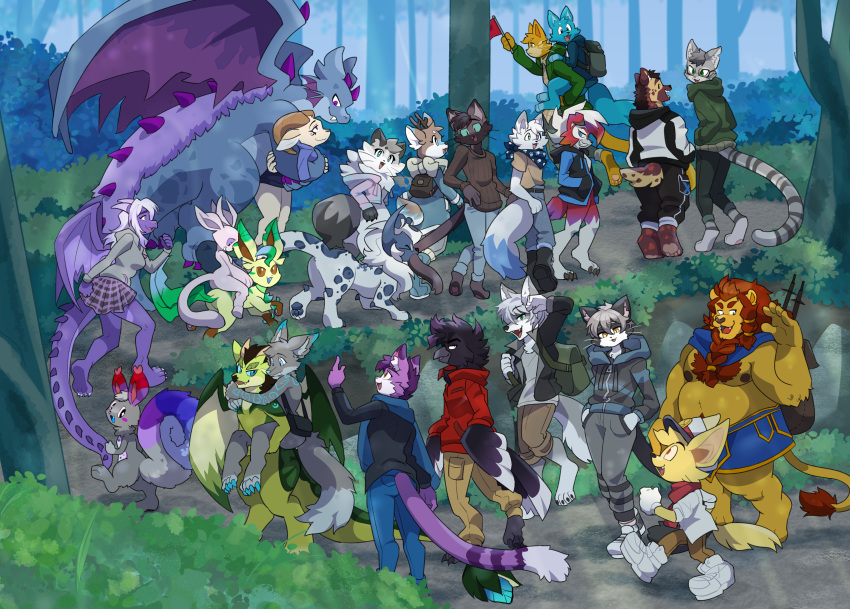 absol absurd_res anthro arctic_fox avian backpack bird blue_sclera bottomwear bovid canid canine caprine carrying cervid clothed clothing domestic_cat dragon eeveelution felid feline felis female fennec feral flying forest fox goat group hi_res hiking hyaenid hybrid jacket leafeon lef_(996cobalt) lion looking_at_another looking_at_viewer loveycloud lycanroc male mammal membrane_(anatomy) membranous_wings nintendo nude paiku pantherine pants partially_clothed piggyback plant pok&eacute;mon pok&eacute;mon_(species) radruler riding_on_back rodent rythmyr scarf sciurid shoulder_bag topwear torran tree video_games wings
