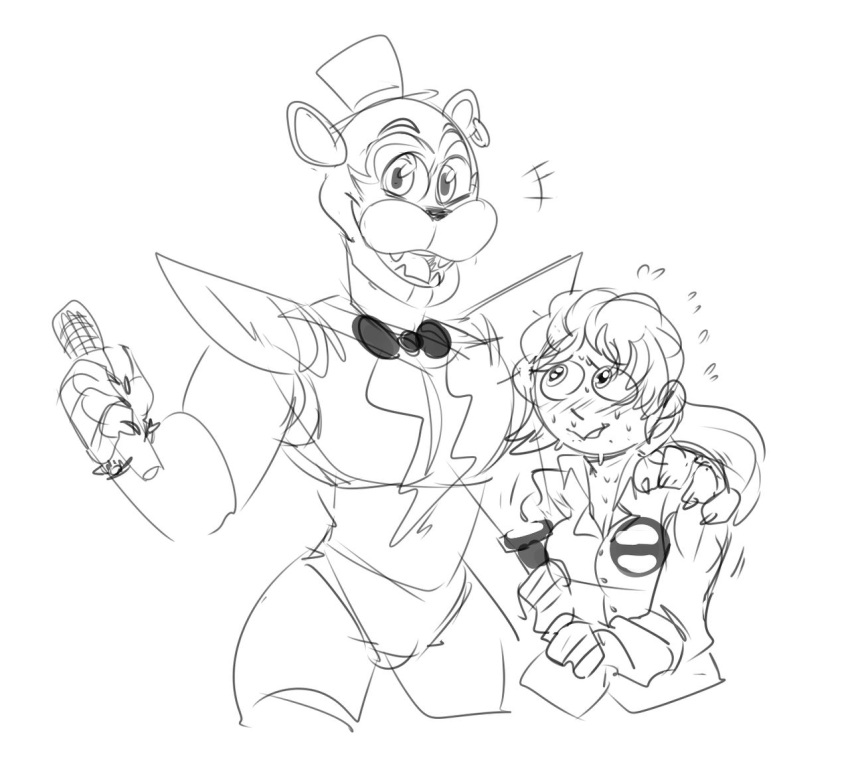 animatronic anthro blush bodily_fluids bottomwear bow_tie claws clothing dress_shirt duo ear_piercing ear_ring female five_nights_at_freddy's five_nights_at_freddy's:_security_breach flashlight flustered glamrock_freddy_(fnaf) hair hand_on_shoulder hat headgear headwear holding_object human larger_male looking_at_viewer machine male mammal mhdrawin microphone piercing ponytail robot scottgames shaking sharp_teeth shirt shoulder_pads size_difference smaller_female smile sweat sweatdrop teeth top_hat topwear trembling ursid vanessa_(fnaf) video_games