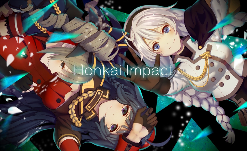 3girls bangs blue_hair blue_jacket bow braid bronya_zaychik bronya_zaychik_(valkyrie_chariot) brown_gloves closed_mouth dress drill_hair gloves grey_eyes grey_hair hair_bow headband highres honkai_(series) honkai_impact_3rd jacket kiana_kaslana kiana_kaslana_(valkyrie_ranger) long_sleeves looking_at_viewer meijin93 multiple_girls purple_eyes purple_hair raiden_mei raiden_mei_(valkyrie_bladestrike) red_dress short_sleeves smile twin_braids twin_drills white_hair white_jacket