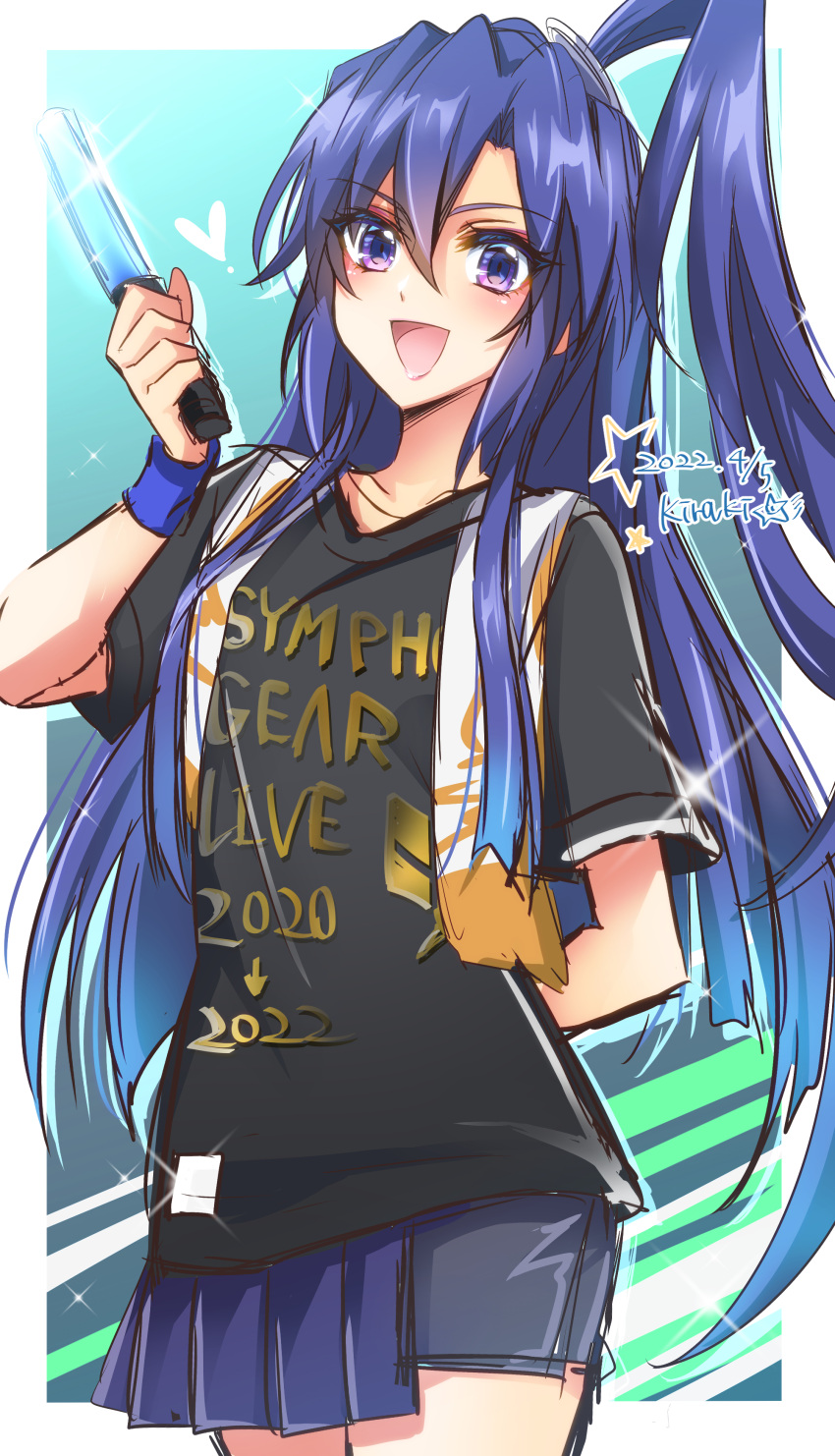 1girl :d absurdres arm_behind_back bangs black_shirt blue_hair blue_skirt collarbone copyright_name dated eyebrows_visible_through_hair heart highres holding kazanari_tsubasa kiraki light_stick looking_at_viewer open_mouth purple_eyes senki_zesshou_symphogear shirt skirt smile solo