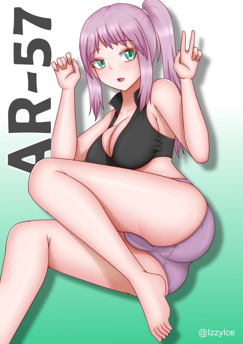 1girl absurdres aqua_eyes ar-57_(girls'_frontline) artist_name bangs bare_legs barefoot black_tank_top blush breasts character_name cleavage collarbone crop_top eyebrows_visible_through_hair girls'_frontline highres izzyice legs long_hair looking_at_viewer medium_breasts no_shoes on_floor open_mouth panties pink_hair pink_panties ponytail simple_background solo tank_top thighs underwear v