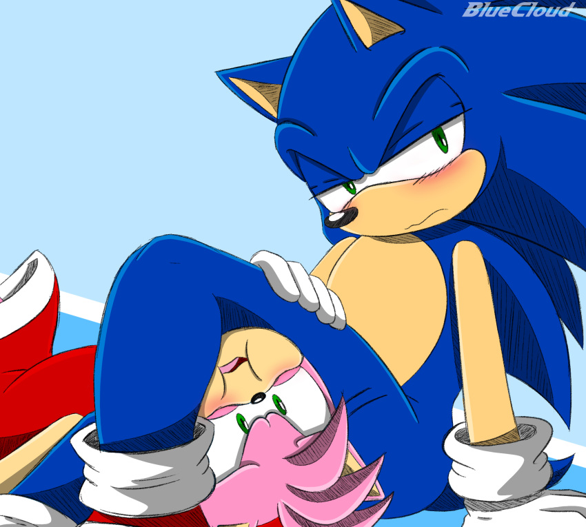 amy_rose anthro blue_background blue_body blue_fur blue_skin bluecloud blush clothing dress duo embarrassed eulipotyphlan female floor fur hedgehog hi_res male male/female mammal nervous-girl pink_body pink_fur red_clothing scared scissor_hold sega simple_background size_difference sonic_the_hedgehog sonic_the_hedgehog_(series) thick_thighs