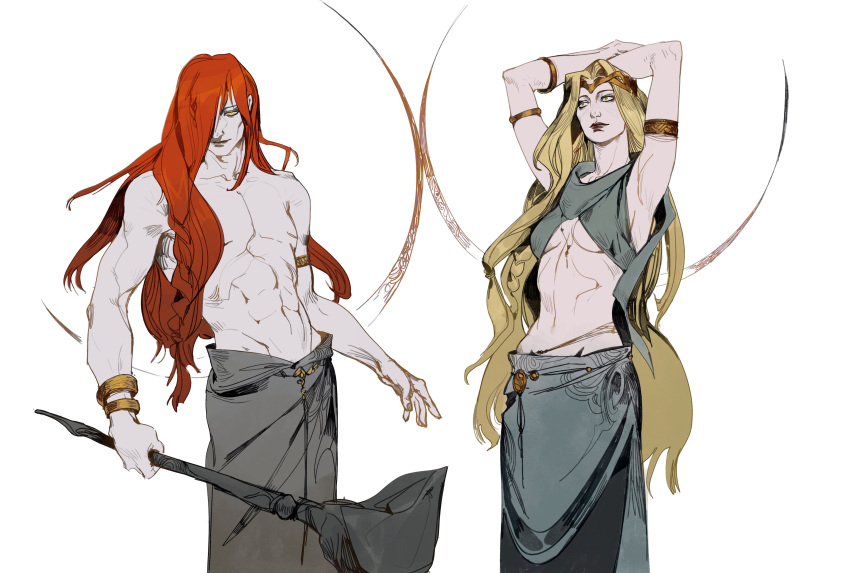 1boy 1girl abs absurdres armpits arms_up bangle blonde_hair bracelet breasts closed_mouth elden_ring hair_over_one_eye hammer highres holding holding_hammer holding_weapon jewelry long_hair muscular muscular_male navel one_eye_covered queen_marika_the_eternal radagon_of_the_golden_order red_hair selann_dw smile standing stomach underboob weapon white_background