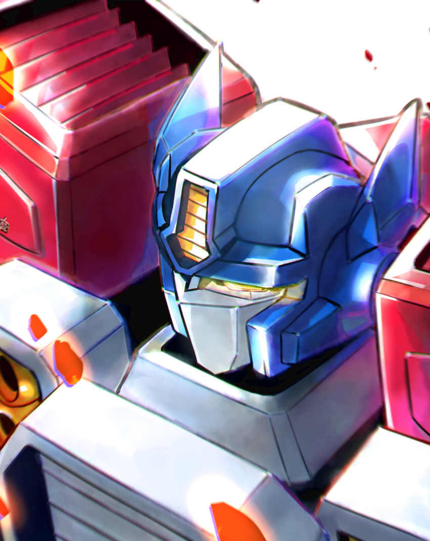 1boy absurdres autobot glowing glowing_eye highres looking_down mecha nasutetsu optimus_prime portrait science_fiction solo transformers transformers_armada white_background yellow_eyes