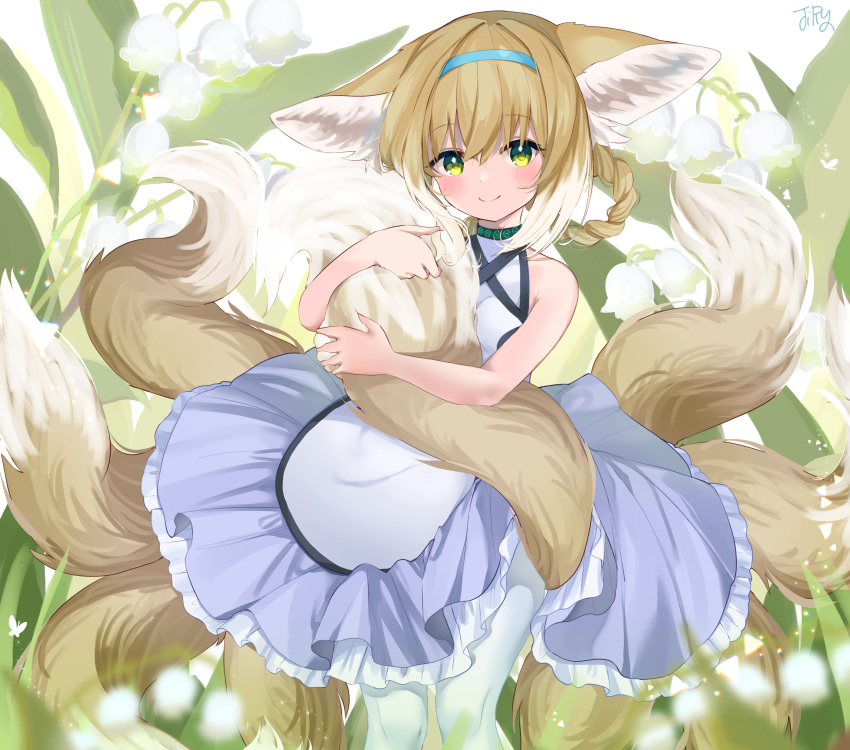 1girl absurdres animal_ear_fluff animal_ears apron arknights bangs bare_arms bare_shoulders blonde_hair blue_hairband blush braid breasts bunnyjiry_(jirynyang) closed_mouth collarbone eyebrows_visible_through_hair flower fox_ears fox_girl fox_tail frilled_skirt frills green_eyes hair_between_eyes hair_rings hairband highres kyuubi lily_of_the_valley looking_at_viewer multiple_tails pantyhose purple_skirt shirt signature skirt sleeveless sleeveless_shirt small_breasts smile solo suzuran_(arknights) tail tail_hug twin_braids waist_apron white_apron white_background white_flower white_legwear white_shirt