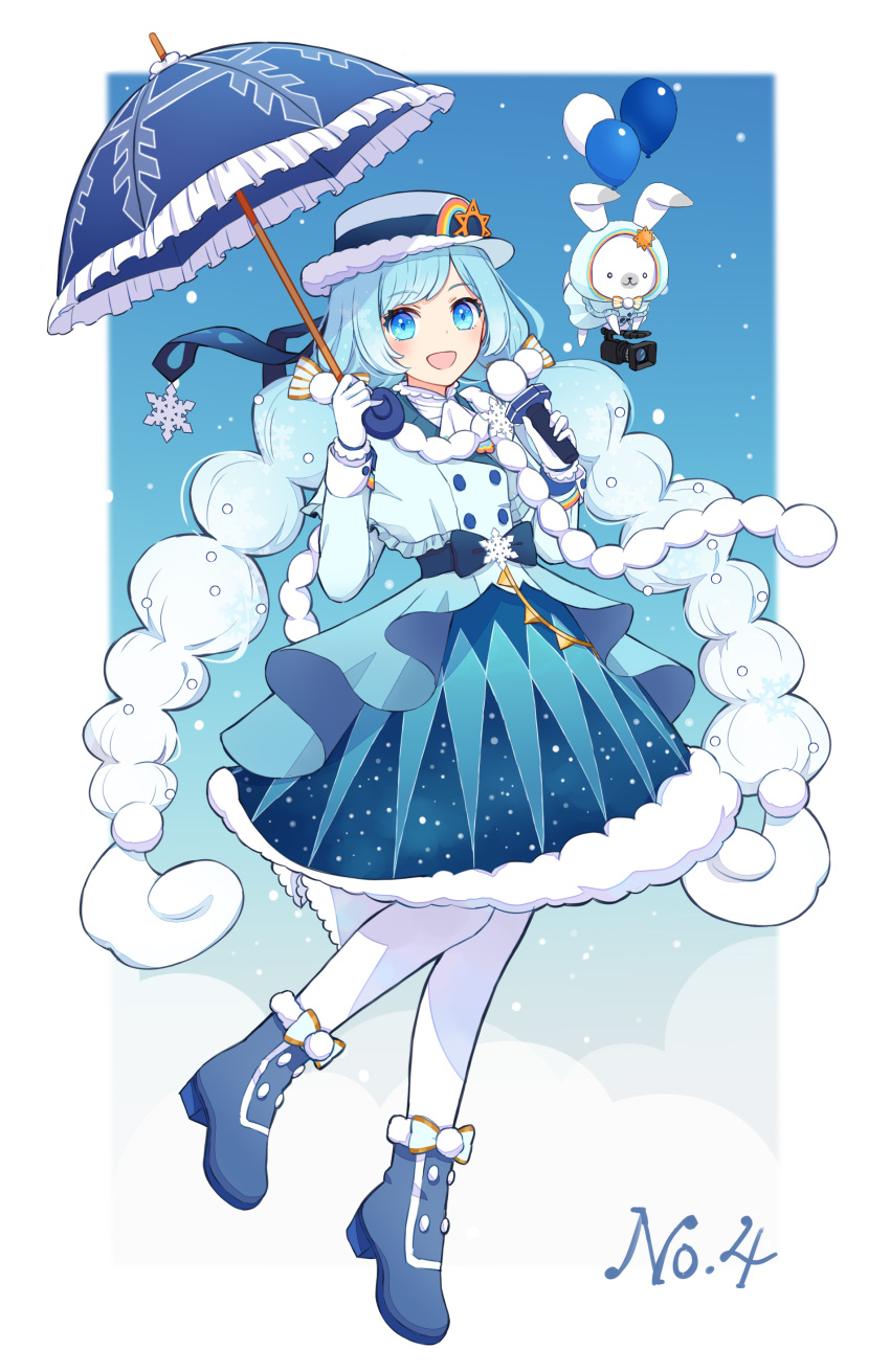 1girl :d absurdres animal ankle_boots azaka_(pipponao) balloon blue_background blue_capelet blue_dress blue_eyes blue_footwear blue_hair blue_headwear blue_ribbon boots bow bunny camera capelet clothed_animal curly_hair dress floating frilled_umbrella full_body fur-trimmed_dress fur_trim gloves hair_bow hair_ornament hands_up hat hat_ornament hat_ribbon hatsune_miku highres holding holding_camera holding_microphone holding_umbrella hood hood_up long_hair long_sleeves looking_at_viewer microphone multi-tied_hair multicolored_hair outside_border pantyhose pom_pom_(clothes) pom_pom_hair_ornament rabbit_yukine rainbow raincoat ribbon sash scarf smile snowflake_ornament snowflake_print snowing star_(symbol) star_in_eye starry_sky_print sun_symbol symbol_in_eye twintails two-tone_hair umbrella umbrella_riding very_long_hair vocaloid white_bow white_gloves white_legwear white_scarf yuki_miku