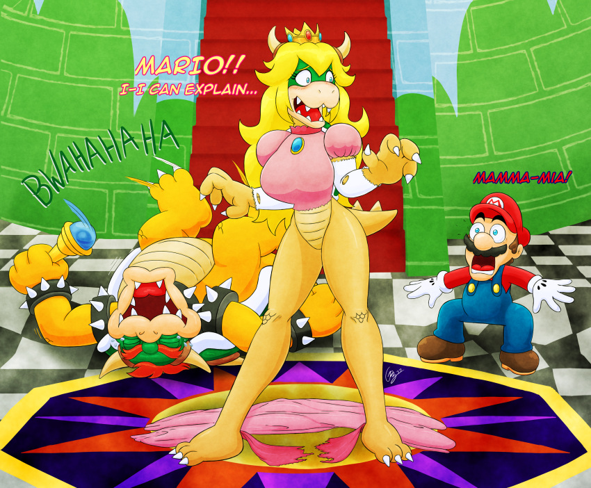 absurd_res anthro blonde_hair blue_eyes bowser castle clothing crown detailed_background digital_media_(artwork) embarrassed featureless_crotch female group hair hi_res horn human koopa laugh male mammal mario mario_bros nintendo open_mouth peach's_castle princess_koopa princess_peach scalie scepter shocked_face spikes video_games