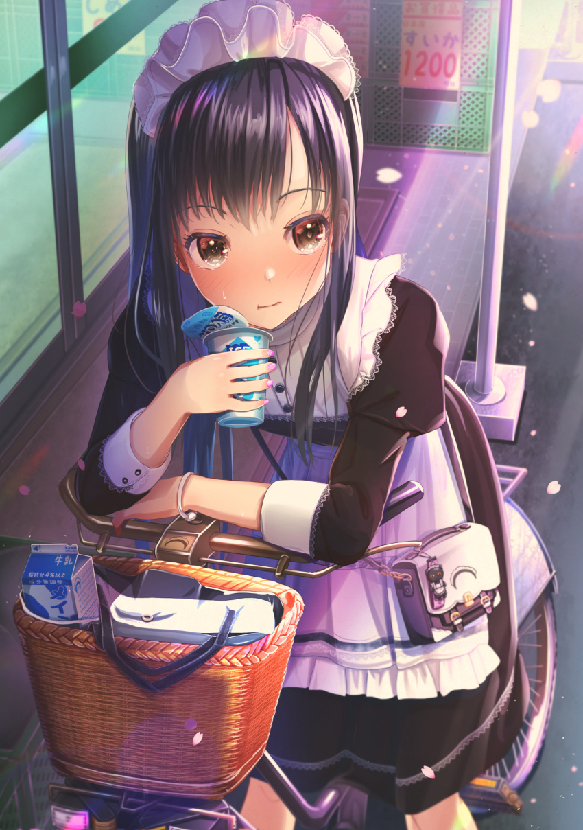 1girl abo_(kawatasyunnnosukesabu) bicycle black_hair cherry_blossoms commentary ground_vehicle highres long_hair maid maid_headdress milk_carton nail_polish original outdoors