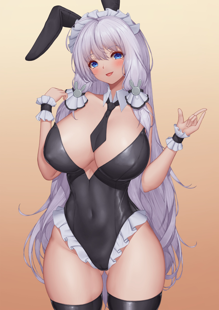 1girl :d \m/ absurdres ahoge alternate_costume animal_ears apron azur_lane black_legwear black_leotard black_necktie black_neckwear blue_eyes breasts covered_navel covered_nipples cowboy_shot fake_animal_ears highres illustrious_(azur_lane) large_breasts leotard long_hair looking_at_viewer maid_headdress mole mole_under_eye necktie pinkcap playboy_bunny rabbit_ears smile solo strapless strapless_leotard thighhighs thighs very_long_hair white_hair wrist_cuffs