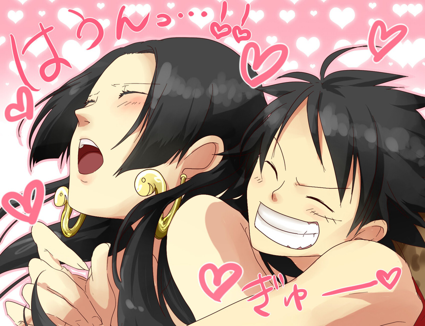 black_hair blush boa_hancock earrings heart hearts highres jewelry long_hair monkey_d_luffy one_piece open_mouth sexually_suggestive smile sss3