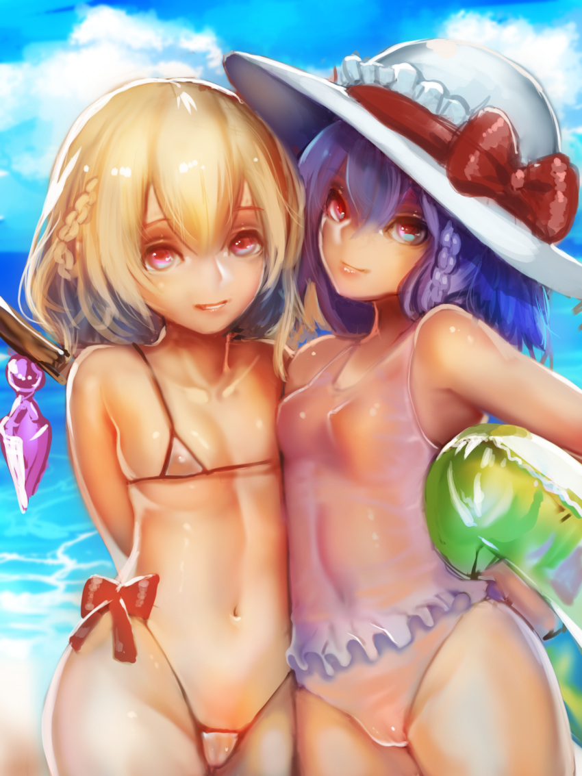 2girls axe_r18 bat_wings beach beach_mat bikini blonde_hair crystal fat_mons flandre_scarlet hat highres labia looking_at_viewer micro_bikini multiple_girls purple_hair red_eyes remilia_scarlet see-through siblings side_ponytail sisters smile swimsuit touhou wings